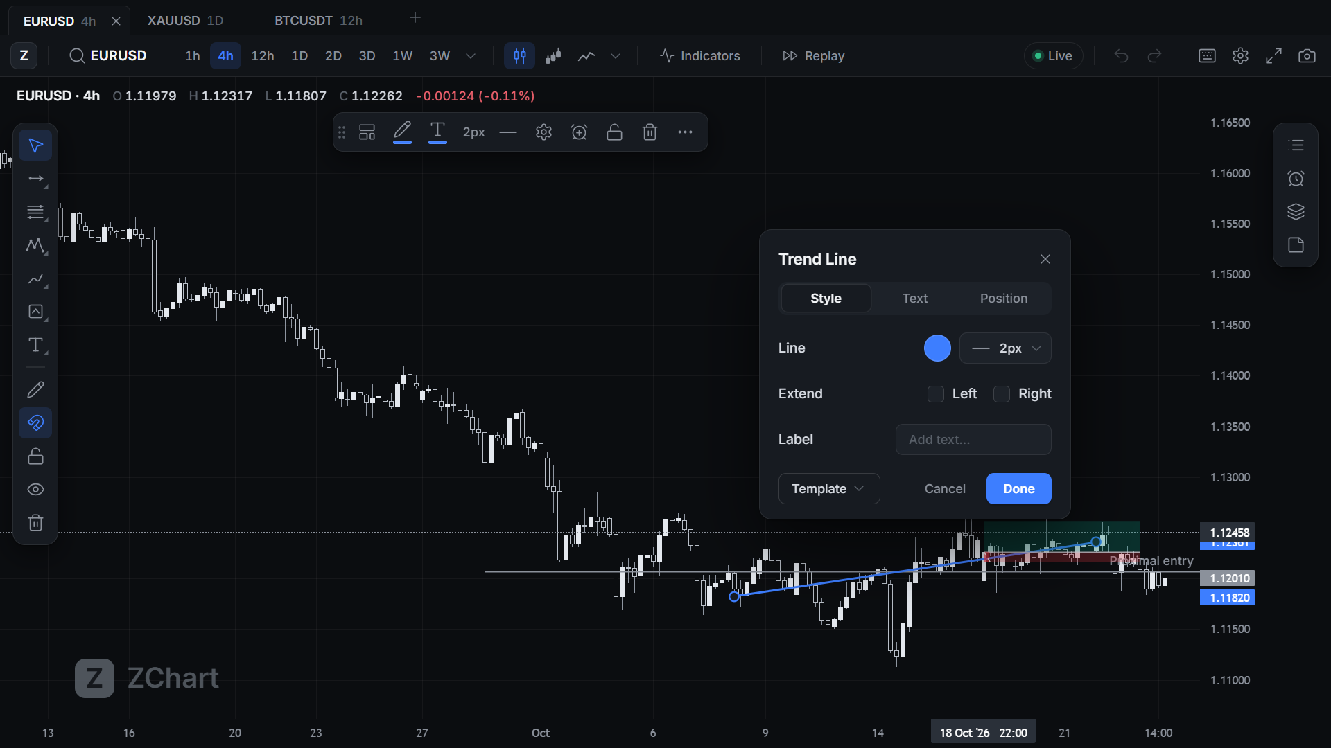 A trend line, a labelled ray and a long position on EURUSD, with the trend line settings open